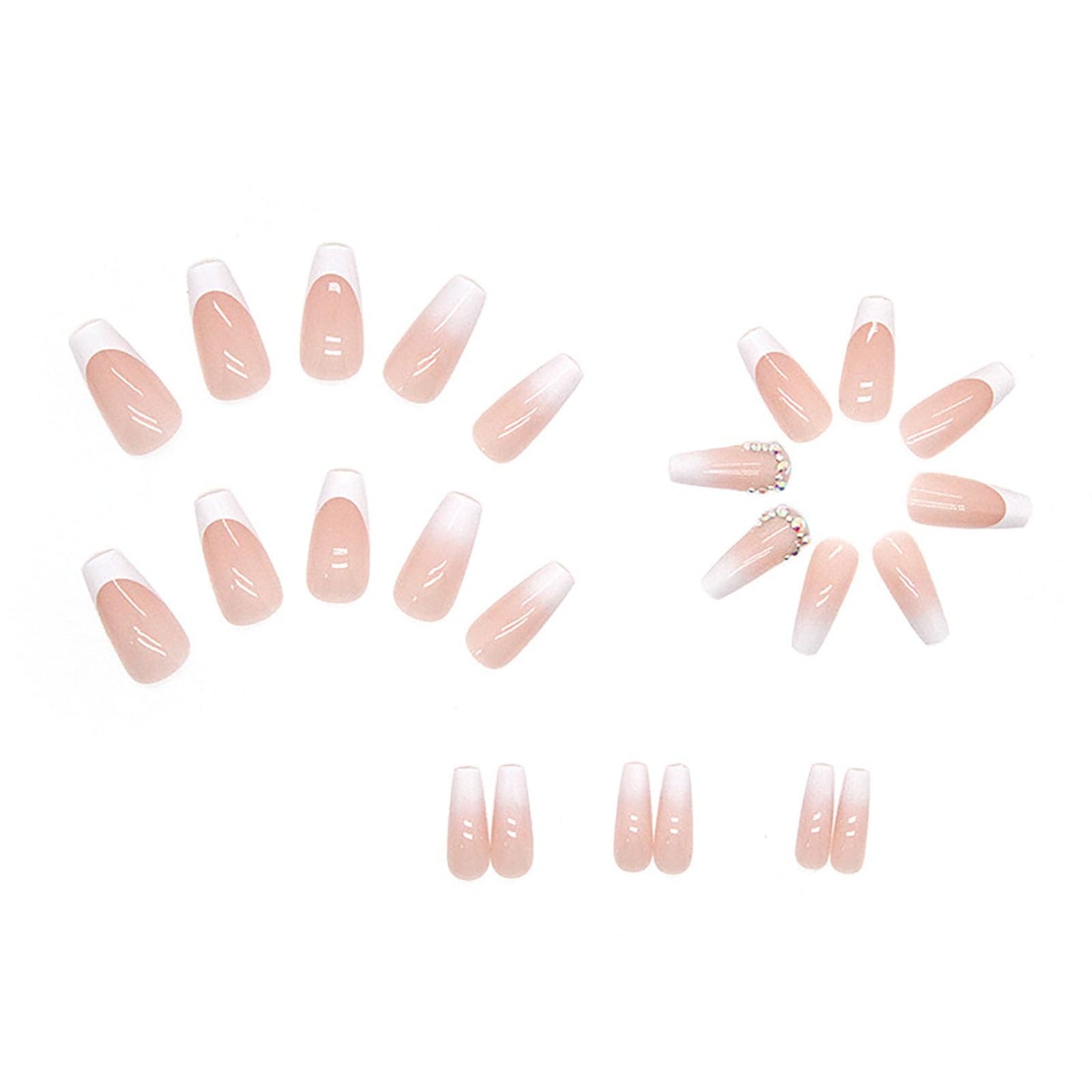 French Tip Press on Nails Medium Coffin Fake Nails with Rhinestones Gradient Designs White Nails Press ons Glossy Glue on Nails Nude Acrylic Nails Cute False Nails Stick on Nails for Women24Pcs