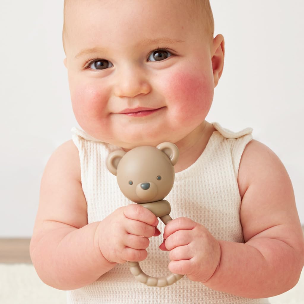 Itzy Ritzy Silicone Rattle Toy – Soothing Teething Toy with Soft Jingle Sound & Easy-Grip Textured Handle - for Ages 3 Months and Up (Bear)