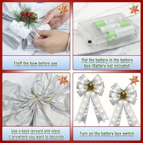 2 Pcs Pre-Light Christmas Decorative Bows for Wreath, 20 X 12” Large Christmas Tree Topper Bow with Bells, Berry, Pine Cones, 40 LED Silver Snowflake Ornament Bow for Indoor/Outdoor- White