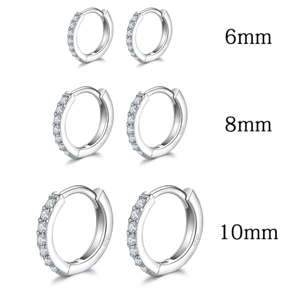 Sterling Silver Hoop Earrings Sterling Silver Stud Earrings for Women 6 Pairs Hypoallergenic Tiny Cubic Zirconia Stud Set Cartilage Hoops 6mm 8mm 10mm