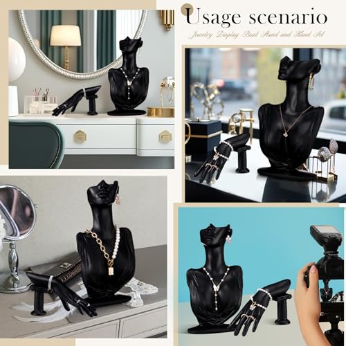 Yalikop 2 Pcs Jewelry Mannequin Display Set Necklace Bust Mannequin Earring Stand Hand Bracelet Ring Stand for Selling Show - color: Black