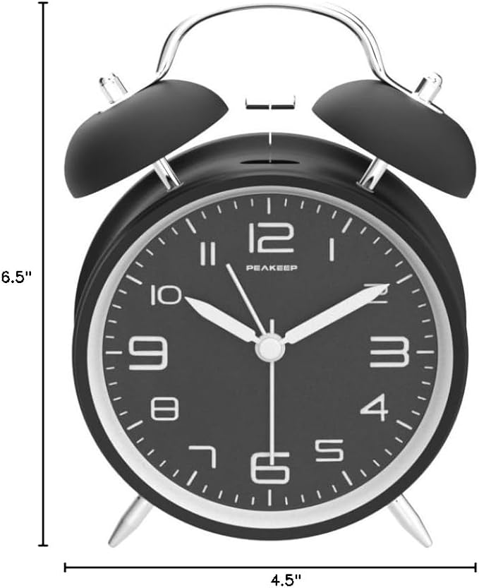 Peakeep 4 Inches Twin Bell Loud Alarm Clock for Heavy Sleepers | Backlight, Battery Operated Old Fashioned Alarm Clock for Bedrooms Kids' Room (3D-Dial, Black)