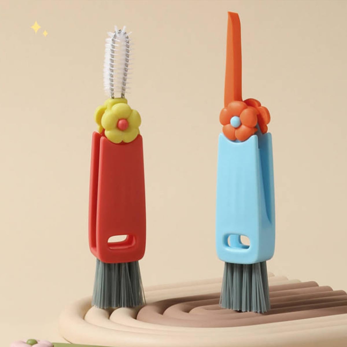Lurrose Multi-Function Groove Brush Lid Cleaner Set with Hanging Handle, Small Flower Design, Bottle and Cup Crevice Cleaning Brush for Daily Household Use, 3pcs Kit