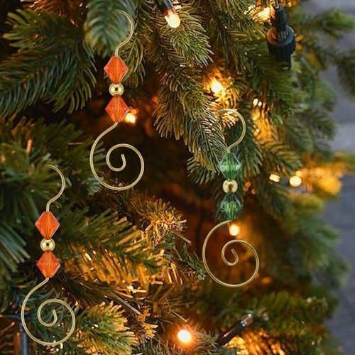 30PCS Ornament Hangers with Gold S Hooks Crystal Beads, Reusable Decorative Ornament Hangers Hooks for Holiday Decor