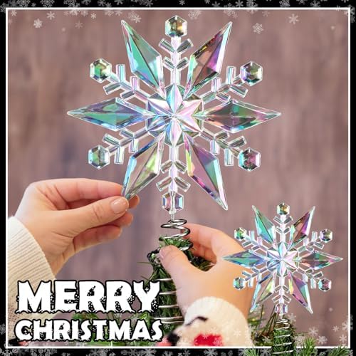 Gejoy 6 Inch Mini Christmas Iridescent Snowflake Tree Topper Acrylic Snowflake Toppers Xmas Ornament Trees Decor Iridescent Tree Topper for Winter Holidays Decor