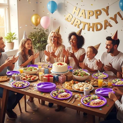 Umigy 100 Pcs 10 Inch 3 Compartments Divided Plastic Plates Bulk Colorful Disposable Heavy Duty Round Dinnerware for Party Valentine Wedding Birthday(Purple) - color: Purple