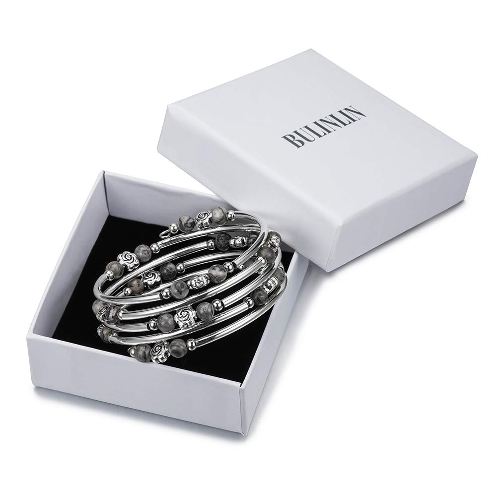 BULINLIN Wrap Bangle Rose Bead Bracelet - Beaded Bracelet with Natural Agate Stone Gifts For Women(01-Grey)