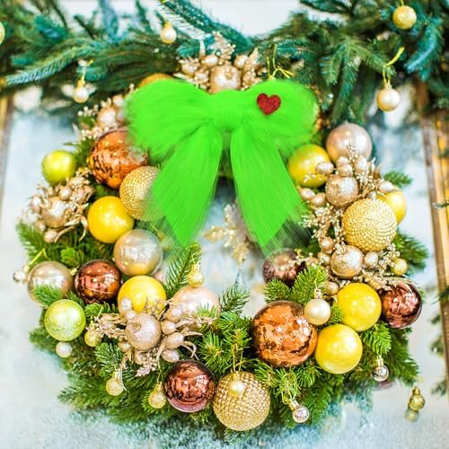 RoundFunny 4 Pcs Christmas Large Green Furry Bow with Red Heart Lime Green Christmas Tree Topper Bow Decoration Gift for Xmas Home Decor Outdoor Indoor Car Ornament