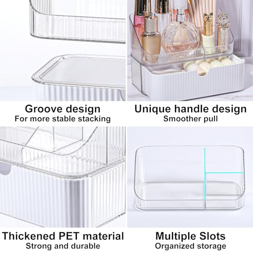 DASITON Makeup Organizer with Drawers, 2 Tier Stackable Organizer for Cosmetics, Skincare, Lipsticks, Makeup Brush, Acrylic Small Makeup Organizers for Vanity Bathroom Countertop Desk Storage (White)