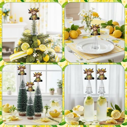 Gejoy Summer Lemon Highland Cow Miniature Tree Topper, 5.1 Inch Mini Resin Cow Treetop Decorations & Metal Spring Base, Cute Calf Lover Gifts for Farmhouse Home Kitchen Holiday Tiered Tray Desk Decor