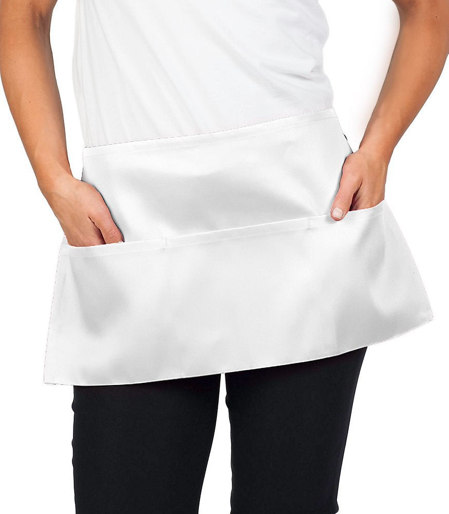 KNG Waitress Apron with 3 Pockets – 11 inch Waist Apron - White, 2 Pack