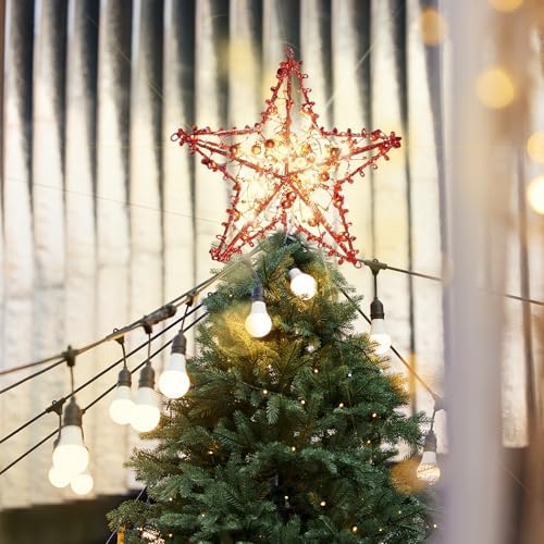 Emopeak Iron Art 20 LED Christmas Tree Topper, 8 x 10Inch Indoor Outdoor Star Treetop Light Two Modes (Keep Light ON/Flash) for 1.5Ft to 9Ft Christmas Tree (Red, 8 x 10 Inch)