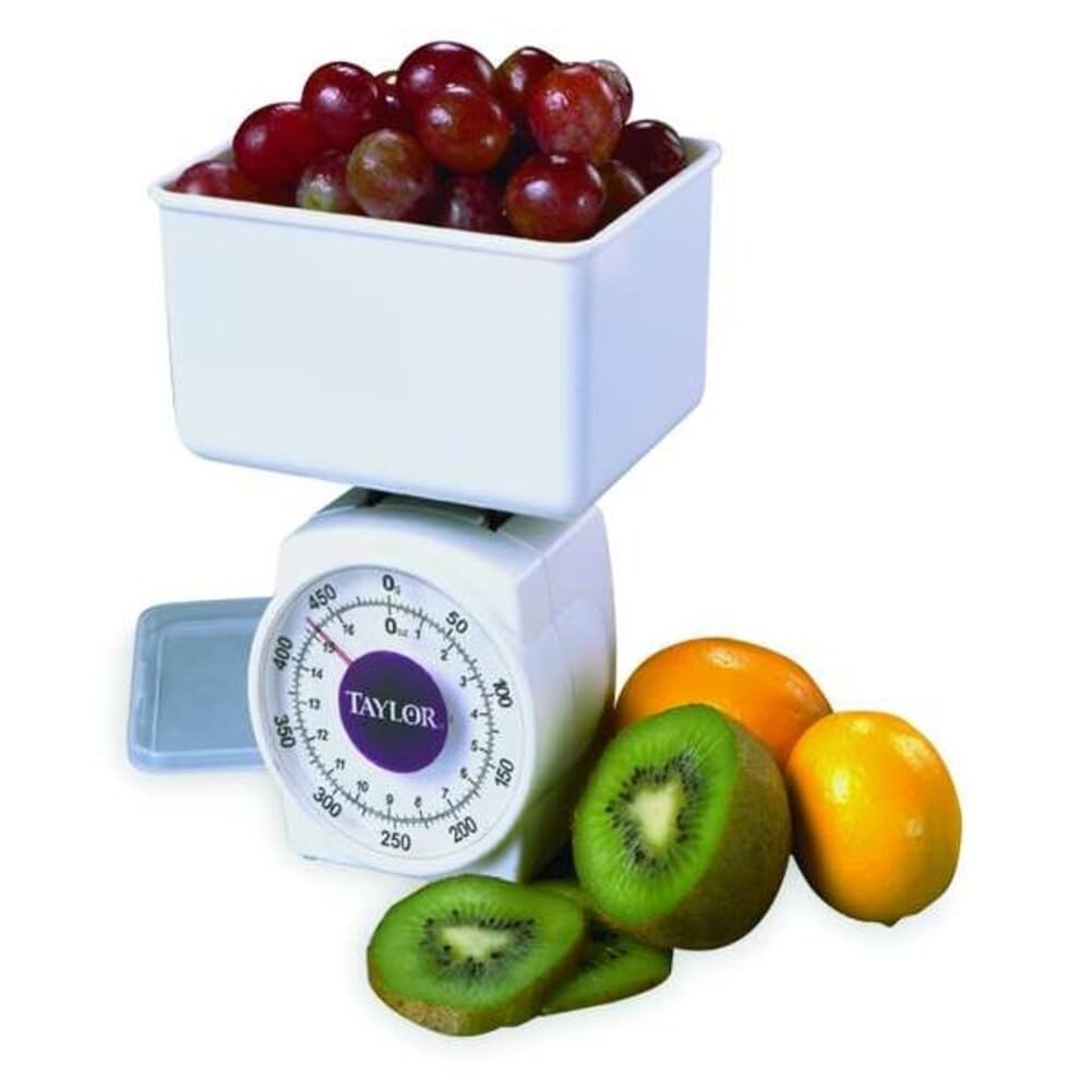 Taylor Food Scale, Analog Dial, White and Black, 500g/1 lb Capacity, Compact Design