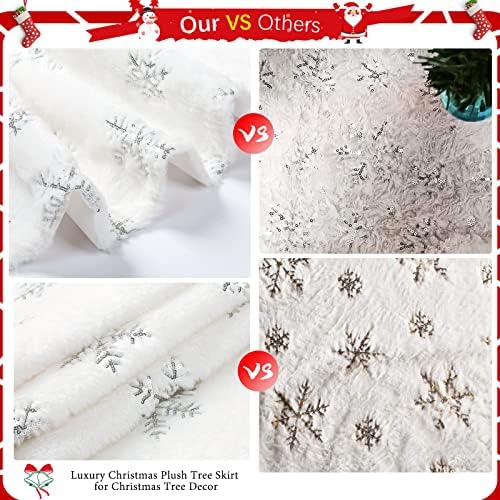 Christmas Tree Plush Skirt Deocrations 24 Inch Mini Faux Fur Christmas Tree Skirt Silver Snowflakes Tree Mat for Xmas Ornaments