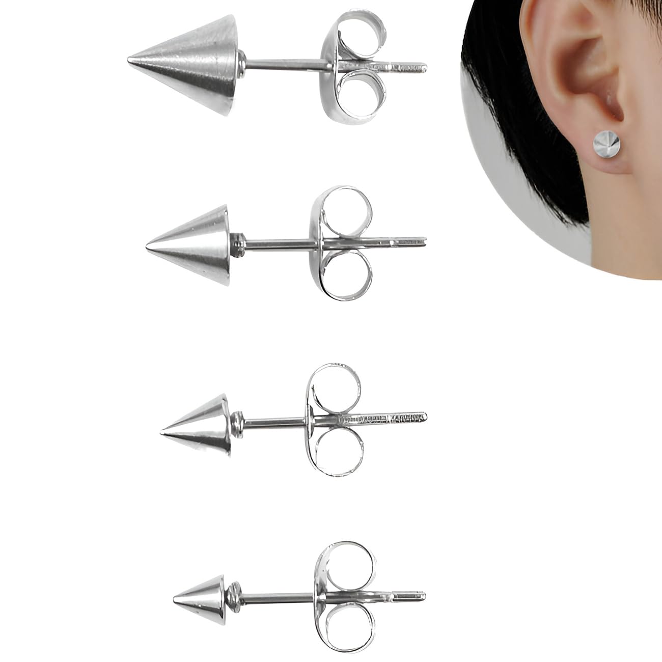 Stainless Steel 3 MM Spike Cone Stud Earrings 1 Pair Silver Hypoallergenic Trendy Jewelry Nickel Free Tiny for Sensitive Ears Women Men