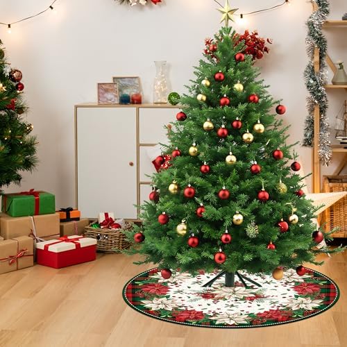 Christmas Tree Skirt Snowman Tree Decorations Buffalo Plaid Christmas Tree Mat Xmas Tree Skirt Ornaments for Holiday Party Indoor House Deco (Green, 36 Inches)