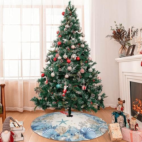 Ocean Starfish Beach Christmas Tree Skirt 36 Inch Xmas Tree Mat Party Decor Supplies for Holiday Home Decorations