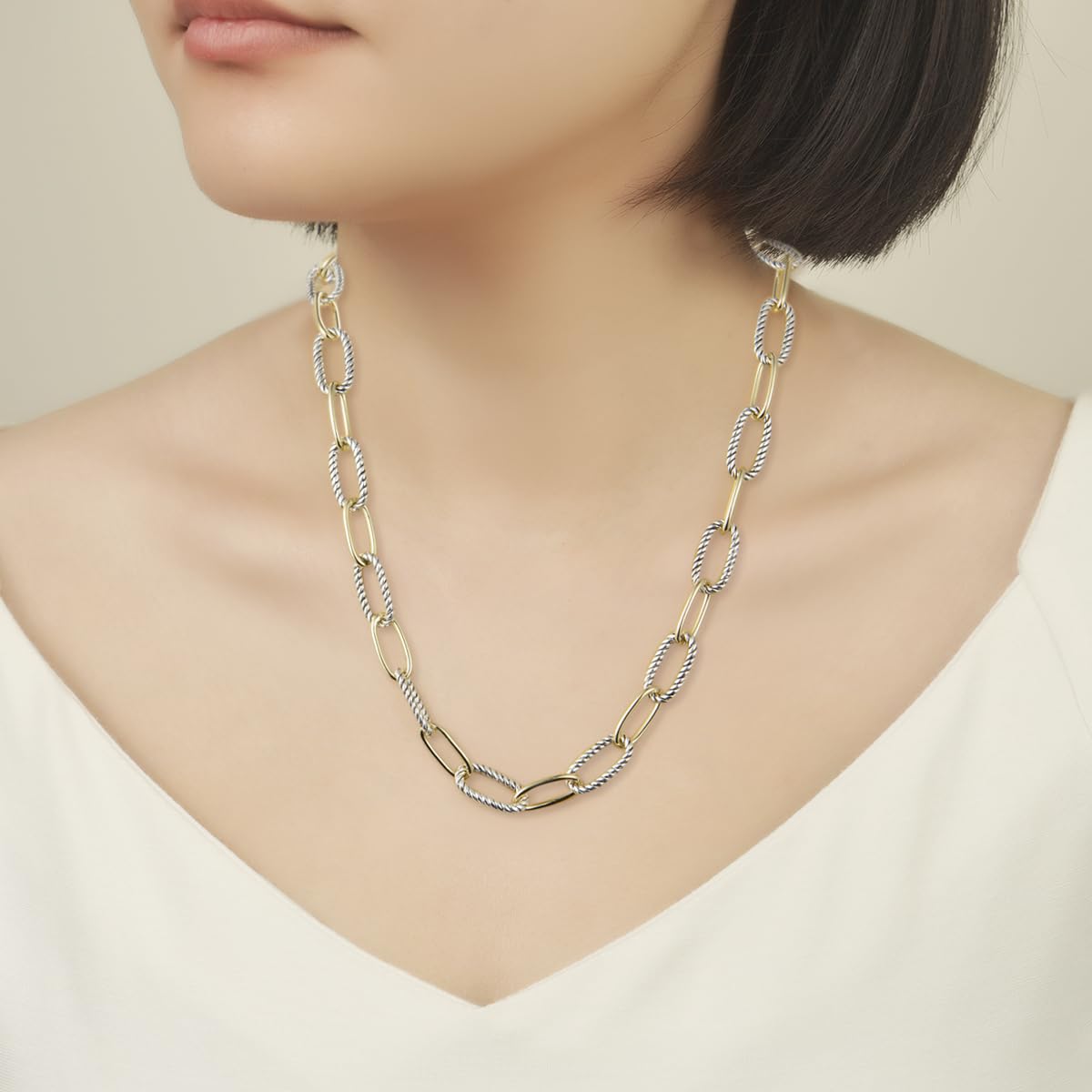 UNY JEWEL Twisted Cable Wire Paper Clips Link Chain Necklace Two Tone Designer Brand Inspired Look Alike Women Jewelry Valentine Christmas Gift Silver Tone