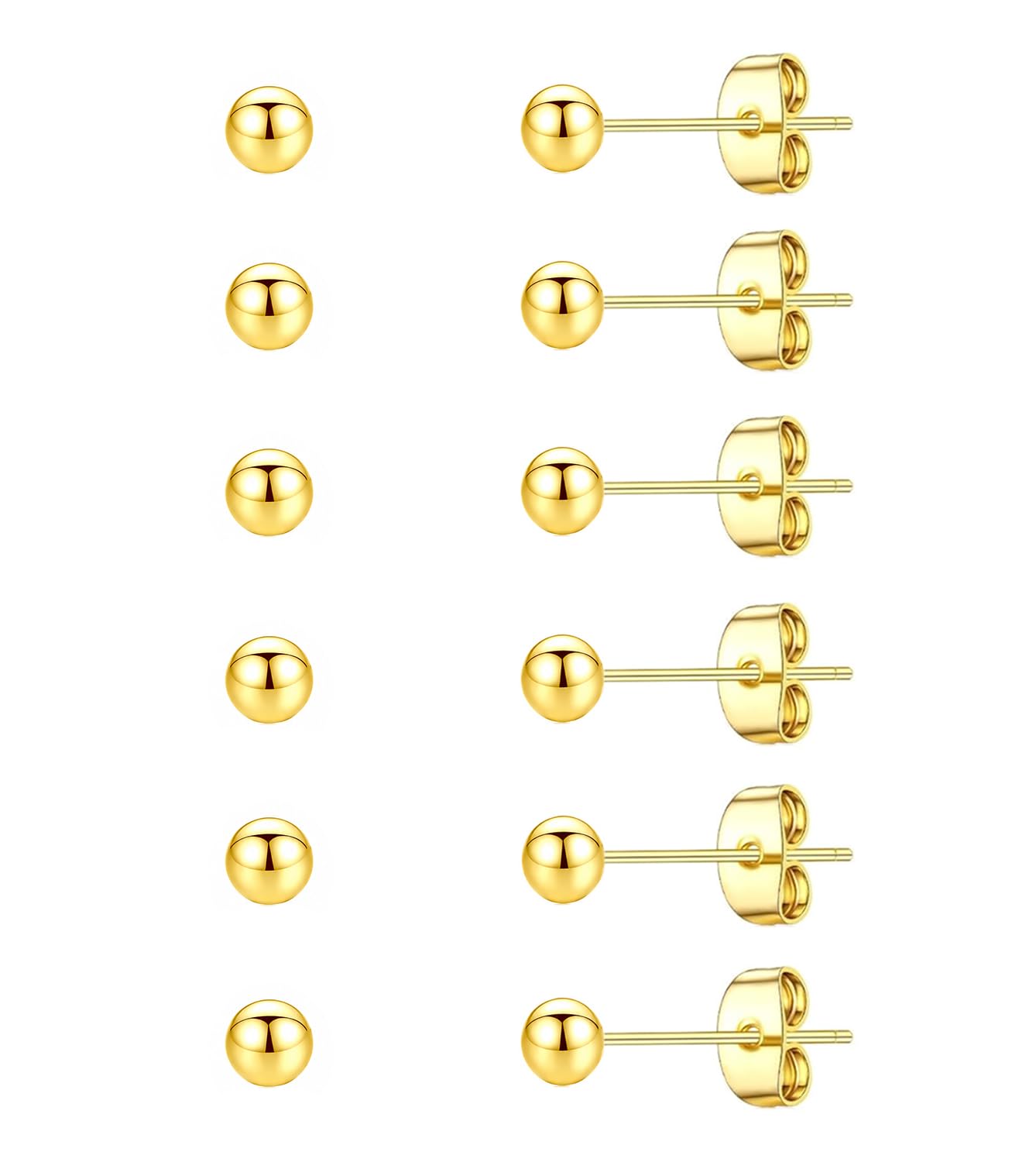 6 Pairs 3mm Gold Ball Stud Earrings for Women Men, Hypoallergenic Stainless Steel Tiny Stud Earrings Set, 20G Small Round Earrings for Multiple Piercings Cartilage Earlobe
