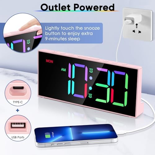 Digital Alarm Clocks,Large Big Numbers Cute clocks for Bedrooms,college dormitories,Teens,Modern D??cor Plug in Clock with USB Charger Port Adjustable 3-Levels volume,5 Dimmers,Battery Backup (Pink)