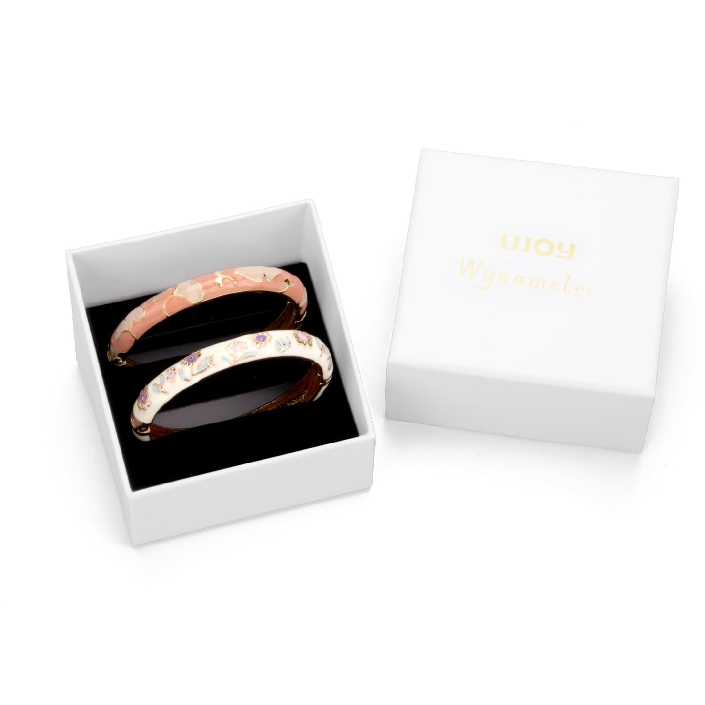 UJOY Elegant Bracelet Plated Enameled Jewelry Spring Hinge Metal Cuff Flower Heart Cloisonne Bangles Set Gift Box Packed 55A18-55A45 Cream Pink