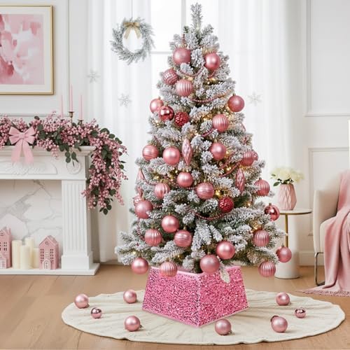 XmasExp Christmas Tree Collar, 24 inch Sequin Tree Skirt Stand Base Cover for Home Decor, Medium Size 4 Piece Rose Pink