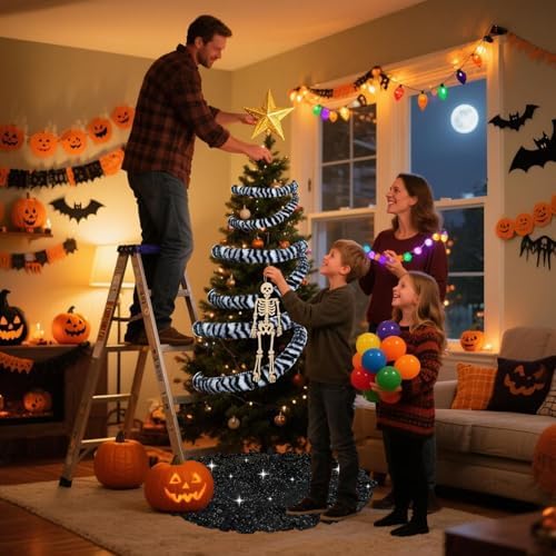 Black Tree Skirt Halloween 45in Sequin Ruffle Christmas Tree Skirt
