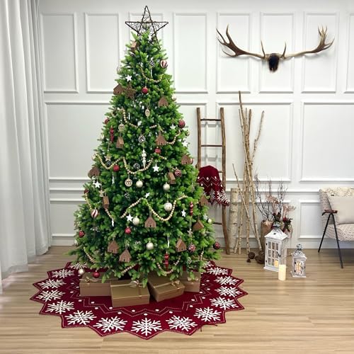 84-Inch Reversible Knit Tree Skirt with Christmas Star–Inspired Pointed Edge Border and Lace-Up Closures, Machine Washable Thick Acrylic Yarn, Burgundy & White