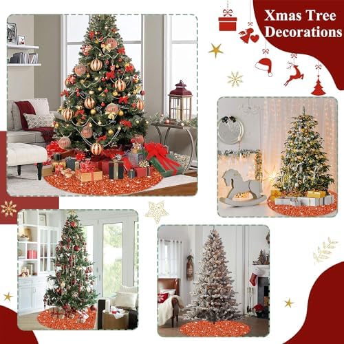 FUHSY Orange Tree Skirt Large Christmas Tree Skirt 48 Inch Halloween Tree Rugs Glitter Sequin Tree Cover Xmas Decorations Fall Thanksgiving Tree Mat Sparkly Christmas Skirts Tree for 6ft Xmas Trees