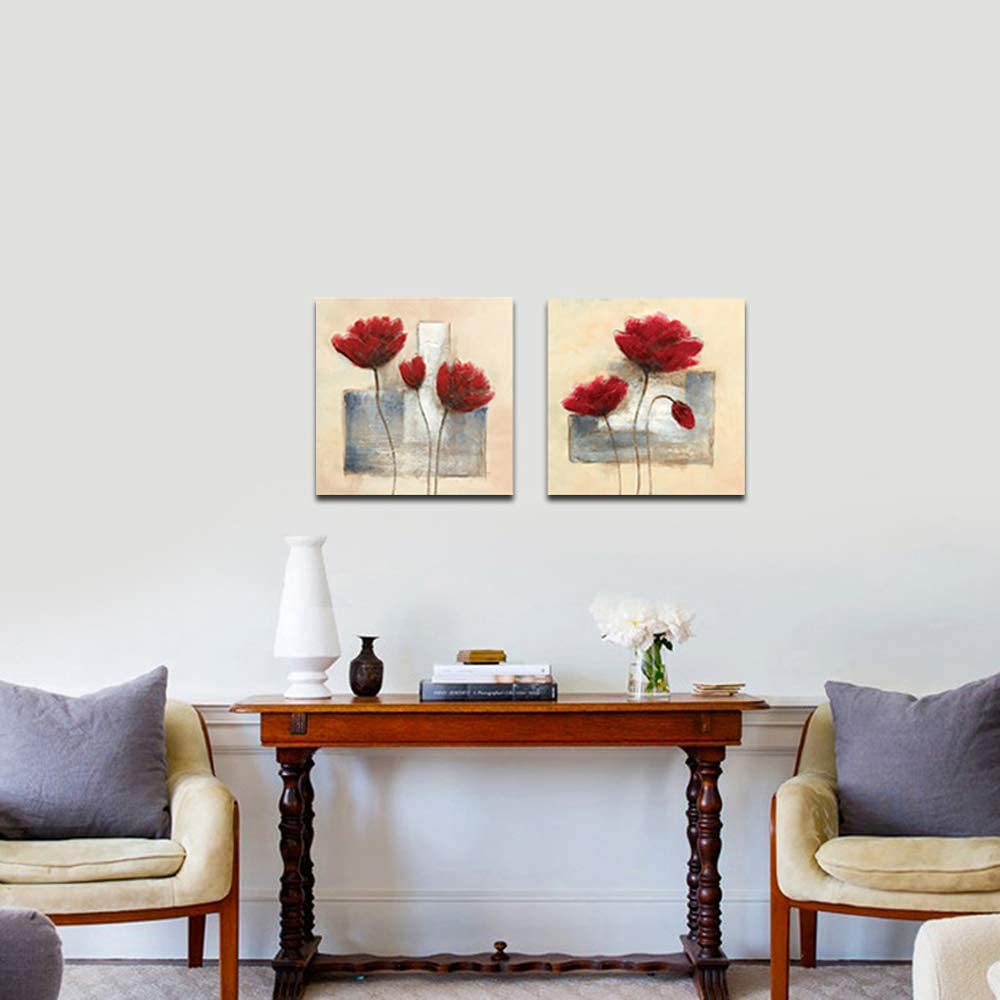 Wieco Art Charming Spring Modern 2 Panels Stretched and Framed Giclee Canvas Prints Artwork Abstract Floral Oil Paintings Style Picture Photo on Canvas Wall Art for Bedroom Home Decorations