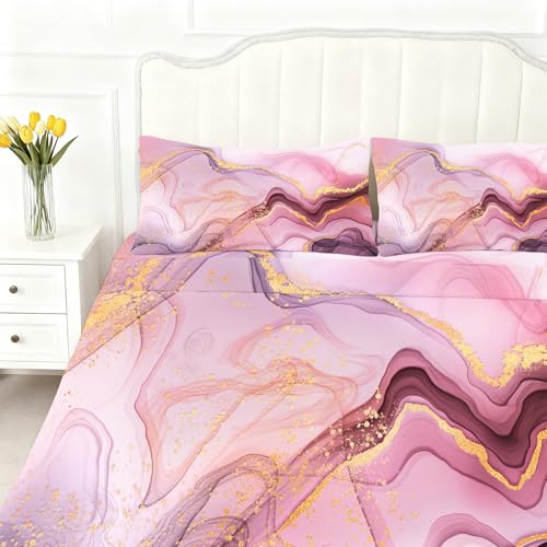 Pink Marble Sheets Set Full for Girls Elegant Pink and Gold Bedding Set with Deep Pocket Abstract Bed Set with 1 Fitted Sheet 1 Flat Sheet and 2 Pillowcases - color: Marble Pink-a, size: Full