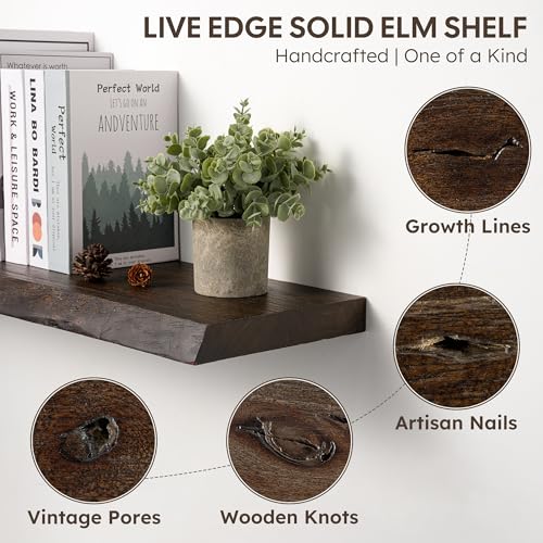 Floating Shelves Set of 2, Solid Elm Wood Wall Shelves 36 Inch - Invisible Bracket Mount for Living Room, Bedroom, Kitchen, Bathroom - Brown - color: Dark Brown, size: 36"L, 2-Pack