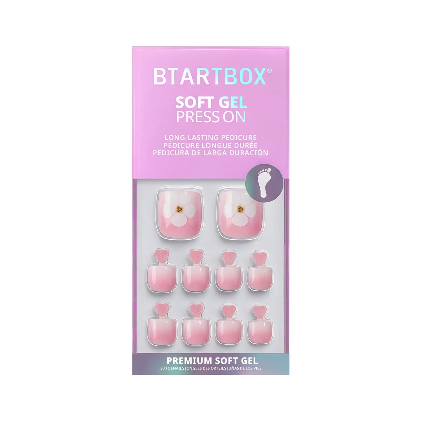 BTArtbox Press On Toenails Short - Orchard Burst, Easy-to-Apply Square Ombre Pink Toe Nail Press Ons with Glue and Adhesive Tabs in 15 Sizes - 30 Toenails All-in-One Kit