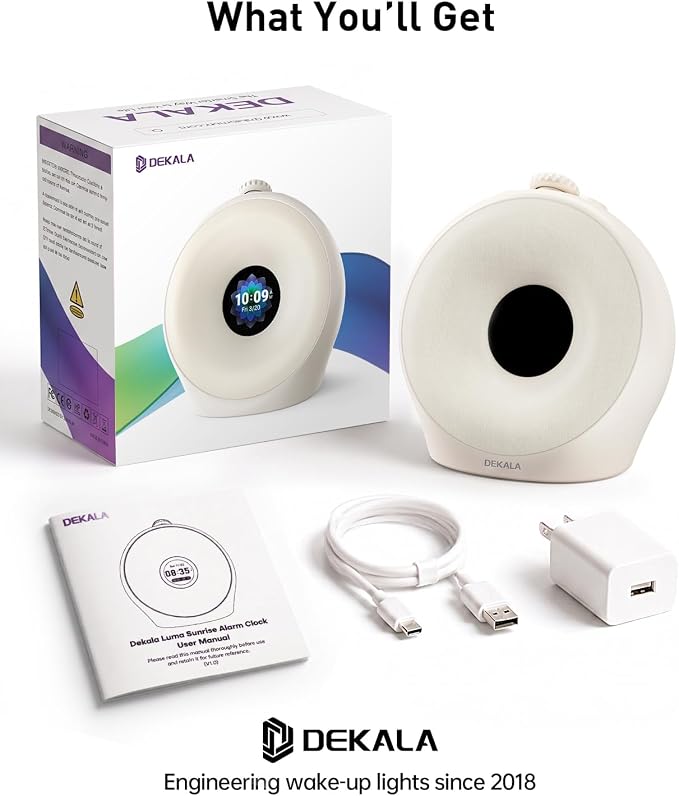 Dekala Sunrise Alarm Clock for Heavy Sleepers with Pulse Wake, Sunset Sound Machine with Breathing Ambient Light, Loud Alarm for Bedrooms, Wake Up Light, Digital Color Display & 7 Themes, No App