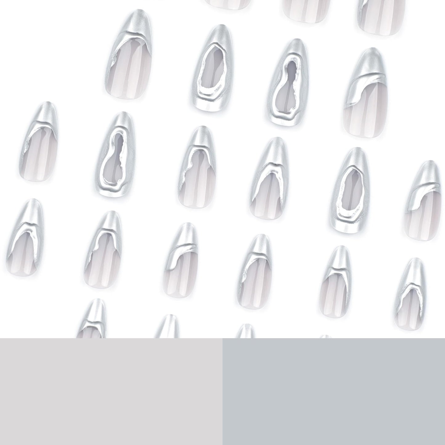 IMRAIN Silver Press on Nails Medium Almond Fake Nails 3D French Tips False Nails Full Cover Glossy Glue on Nails for Women Girl 24Pcs