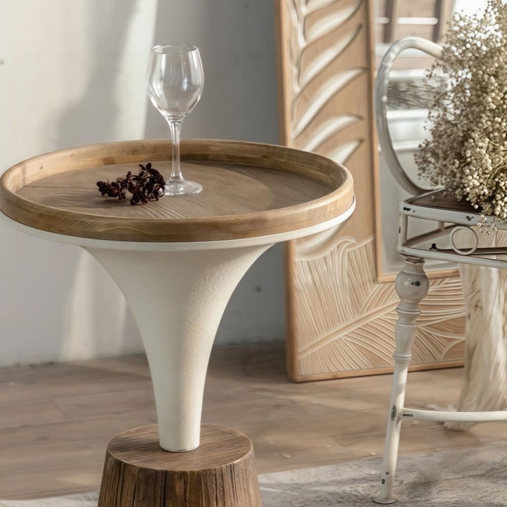 DESALAI Tall Farmhouse Pedestal End Table Round Wood Plant Stand with Ironwork Accents Narrow Accent Table for Living Room Office Multi Scenario Use