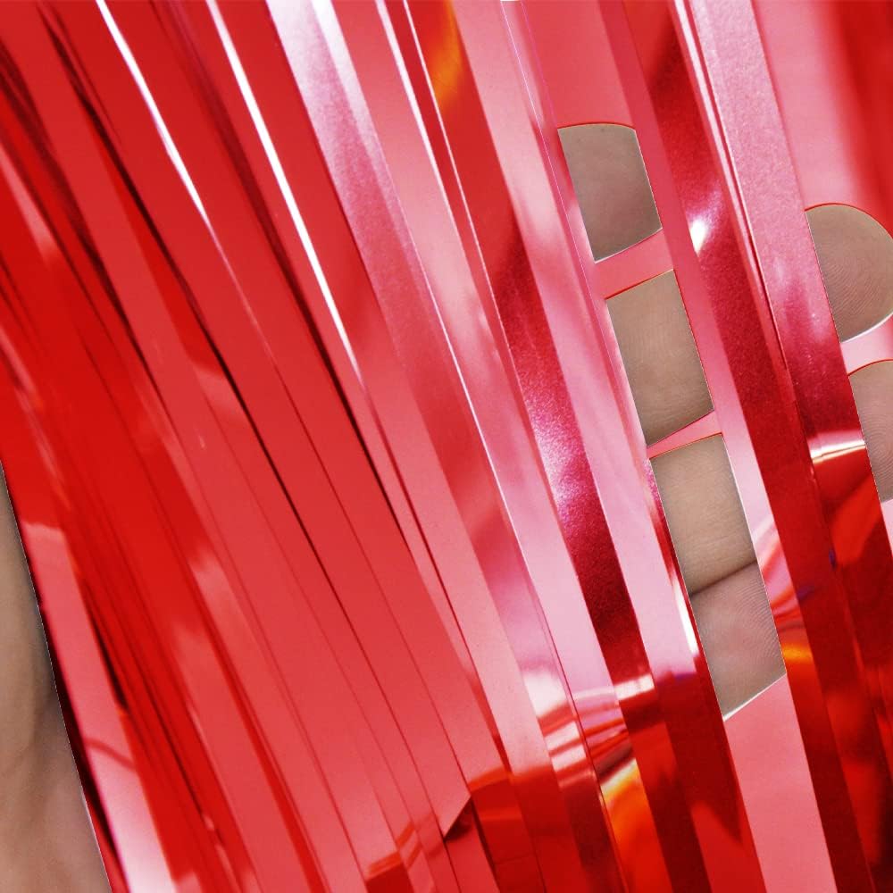 GOER 3.2 ft x 8.2 ft Metallic Tinsel Foil Fringe Curtains Party Photo Backdrop Party Streamers for Birthday,Graduation,New Year Eve Decorations Wedding Decor (3 Pcs, Red)