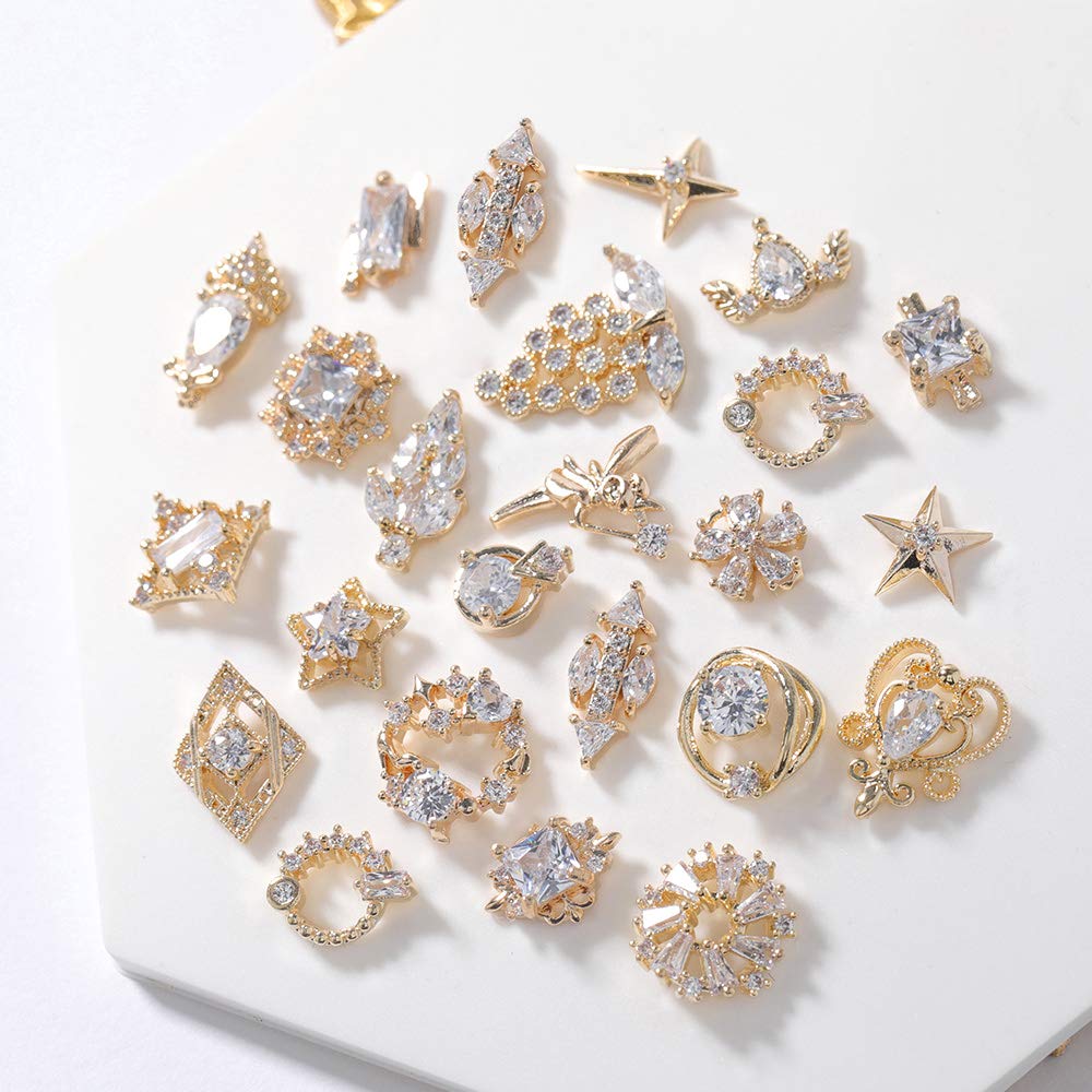 HNUIX Nail Charms and Gems - Gold Copper Zircon, Multiple Shapes, Metal Jewelry Rhinestones Charms, 22Piece