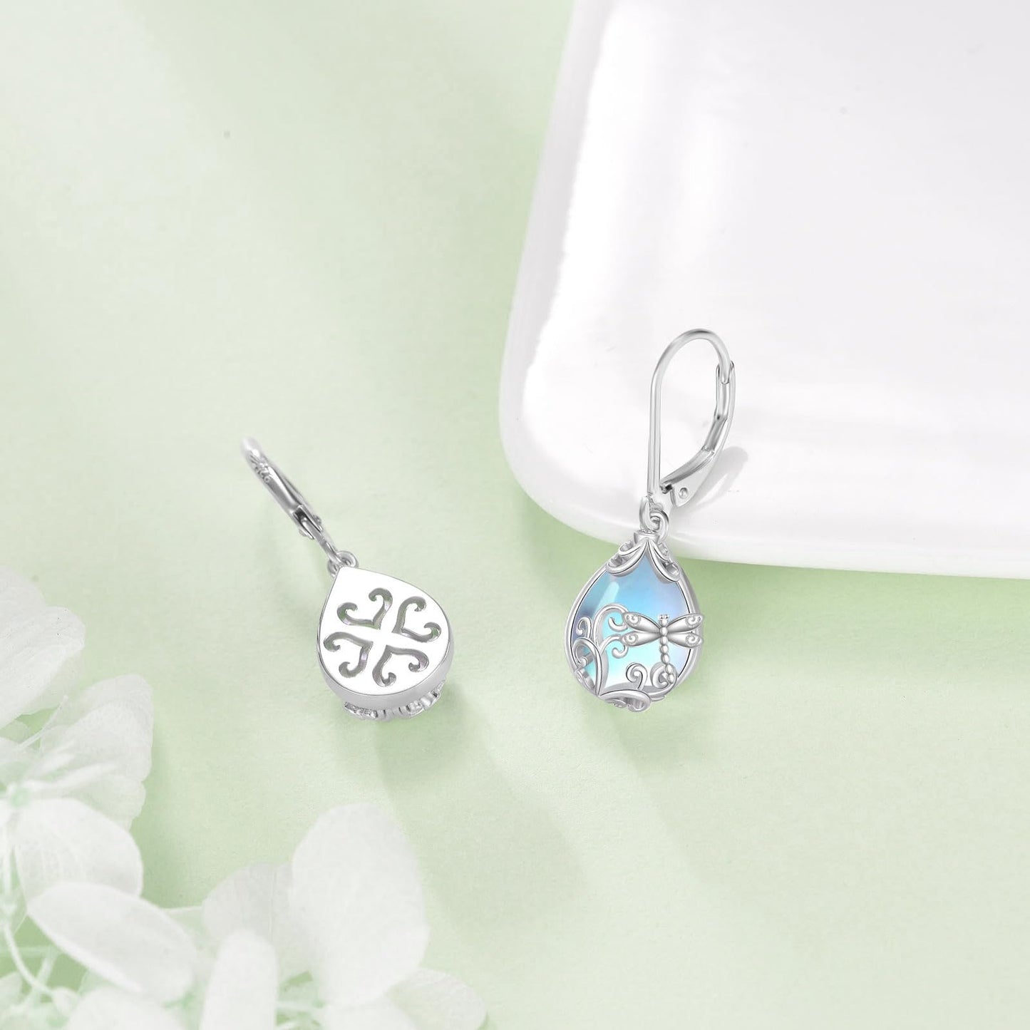 POPLYKE Moonstone Dragonfly Teardrop Drop Dangle Earrings Sterling Silver Leverback Earrings Moonstone Jewelry Gifts for Women