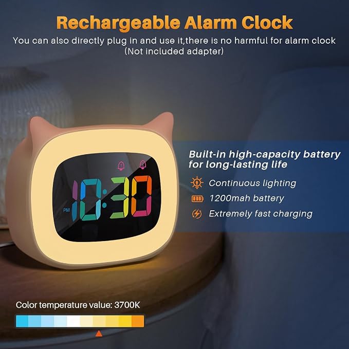 Cute Cat Ear Alarm Clock with RGB 7 Color Night Light,Pink