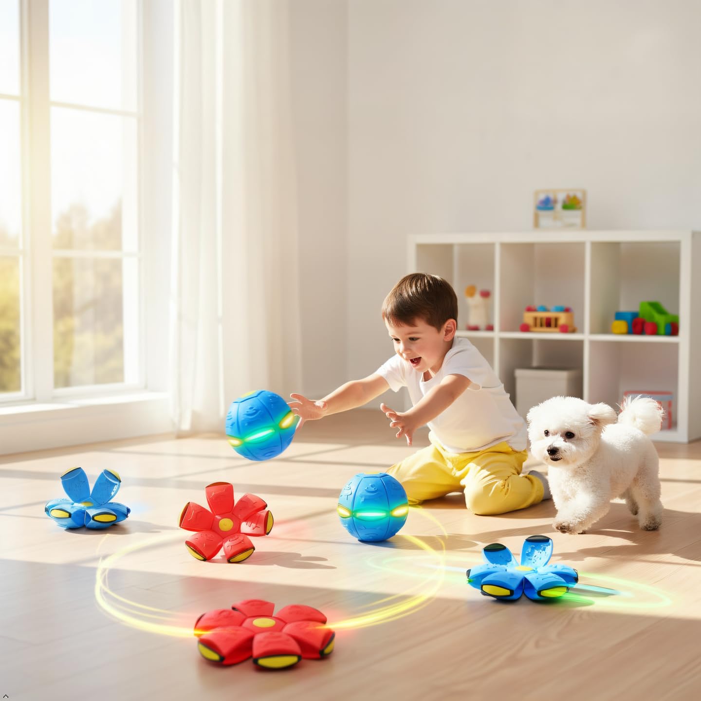 LETIAFINE 2pcs Magic Bouncing Ball 6-Lights, Pop up Ball, Dual Magic Flying Saucer Transforming Design, Interactive Bouncy Balls
