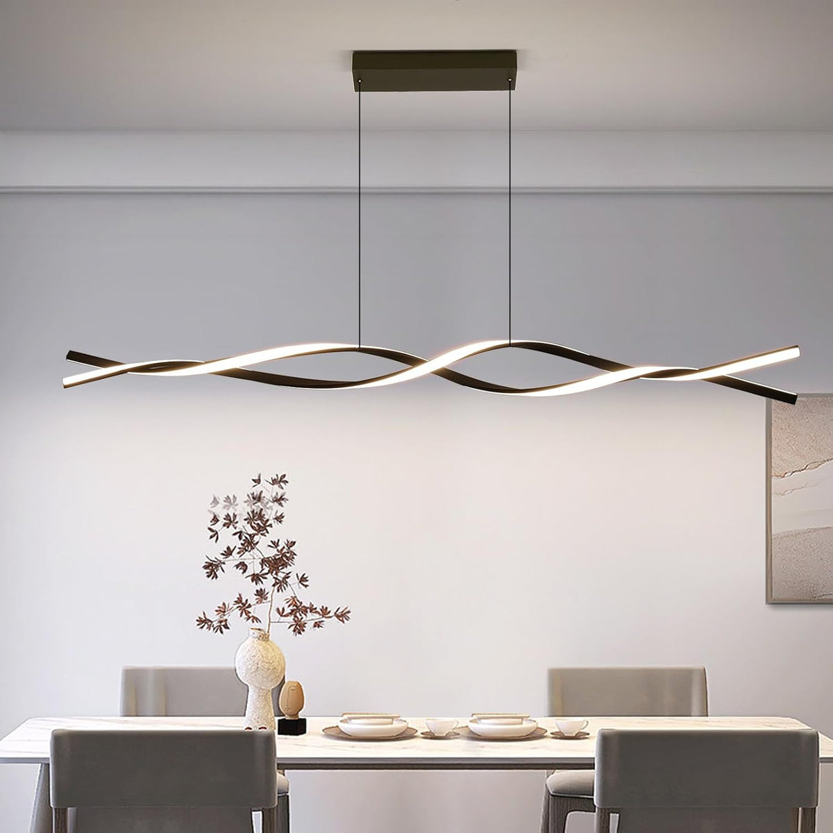 Modern Ceiling Chandelier Light, Acrylic Anti Flicker Pendant Lamp with Remote Control Dimmable 3 Color Mode & Brightness (Warm Cool Neutral Light) for Kitchen Bar Walnut 57in