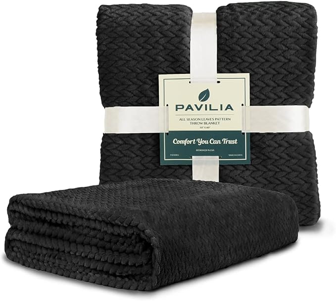 PAVILIA Soft Fleece Solid Black Throw Blanket for Couch, Lightweight Plush Warm Blankets for Bed, Fuzzy Cozy Flannel Blanket Throw for Sofa, Travel, Jacquard Pattern, Black, 50x60 inch