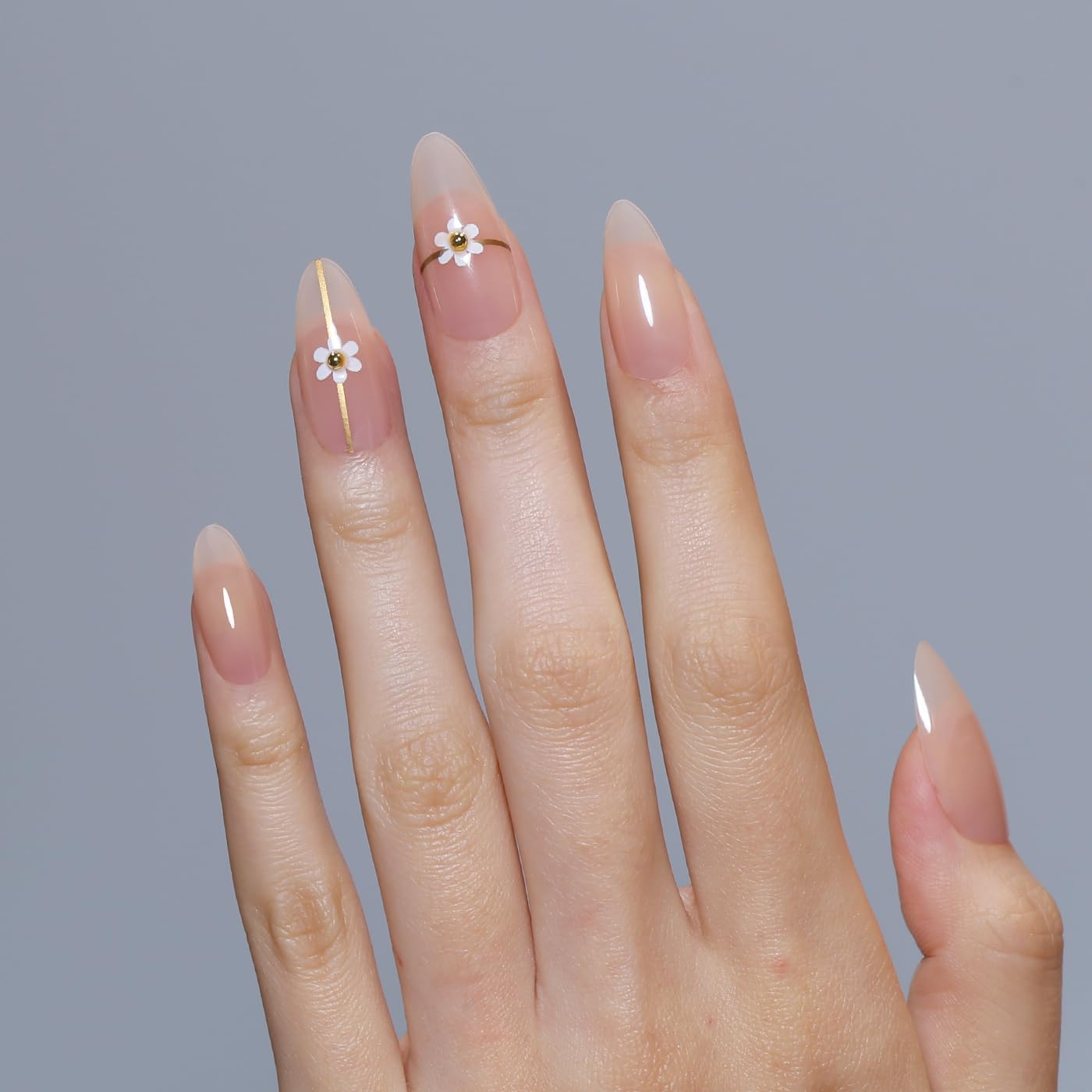 Goolich Milky Nude Press On Nails Medium Almond, Sheer Nude with Bead Floral Neutral Nails Press ons Set with Adhesive Tabs, 24 Pcs 12 Size Reusable Full Cover Glue on Nails for Women