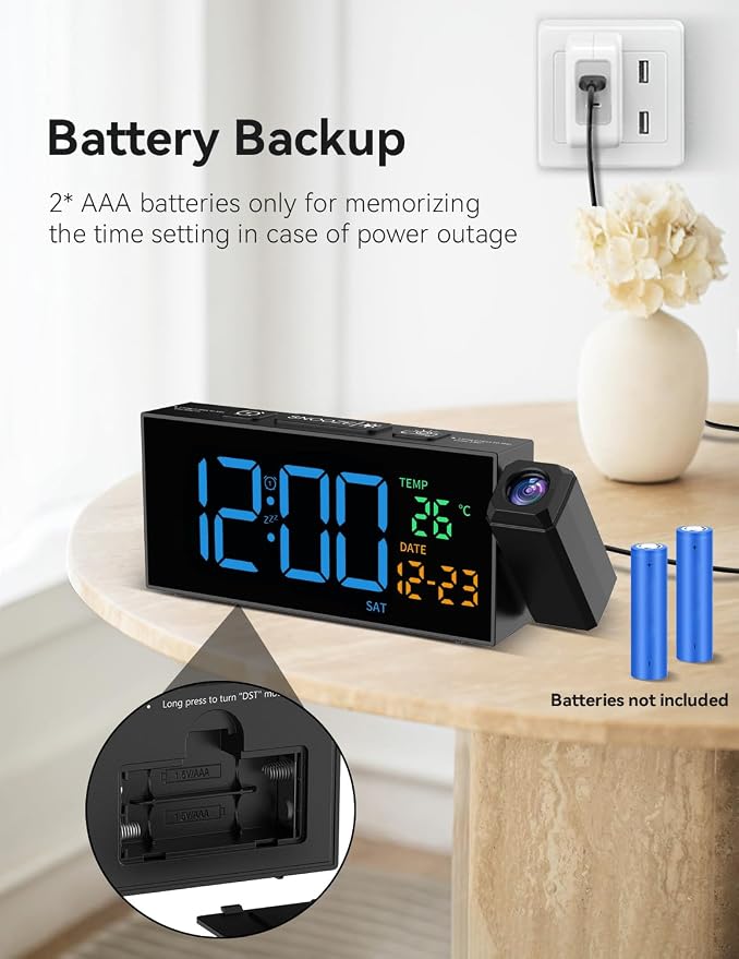 Netzu Projection Clock for Bedroom Ceiling, Digital Clocks with 180° Rotatable Projector, Date Temperature and Weekday Blue
