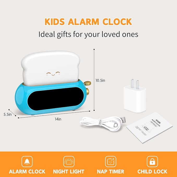 Kids Alarm Clocks for Bedroom, Cute Digital Clock with Night Light, 10 Ringtones, 10 Volumes, Nap Timer, Brightness Dimmer, Snooze, Bedside Alarm Clocks for Boys Teens Birthday Gift, Plug-in Use