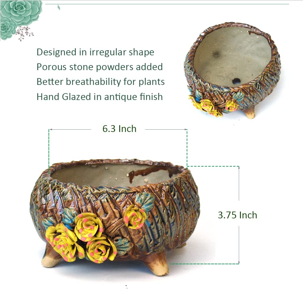 Summer Impressions 6.3 Inch Succulent Pot Handmade Flower Design Round Ceramic Antique Plant Pot Cactus Pot Planter with Drainge and Mesh Pad (Yellow)