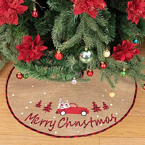 N&T NIETING Christmas Tree Skirt, 30 Inch Rustic Burlap Tree Skirt with Red Truck and Letter Printed Christmas Tree Mat for Xmas Holiday Party Decoration