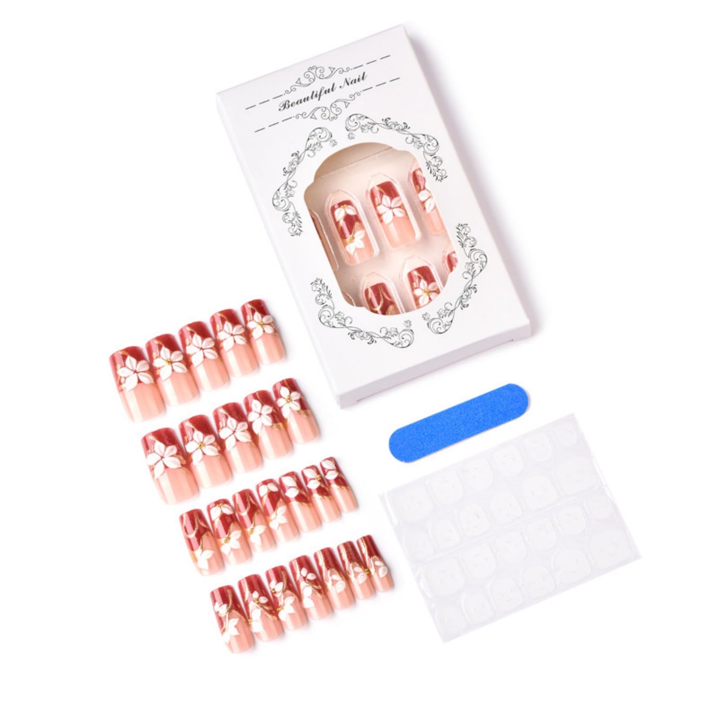 Long Press on Nails Square Fake Nails Red Artificial Nail 3D Floral and Gold Charm Designs Glossy Stick on Nail for Women 24pcs