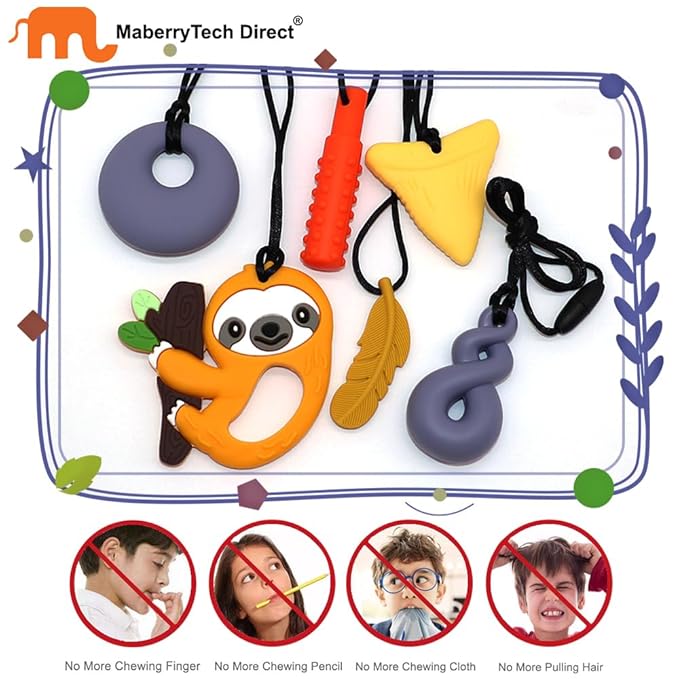 Chewy Necklaces for Sensory Kids, 6 Pack Chew Necklace Adult Chew Toys for Boys Girls with ADHD, Autism, Anxiety, Sensory Chewing Necklace Stim Toy - Yellow